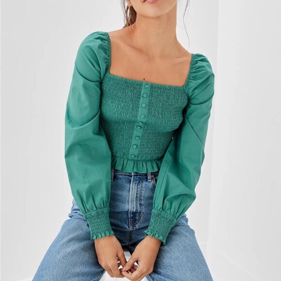 AE Square Neck Smocked Ruffle Blouse Medium - Picture 1 of 9